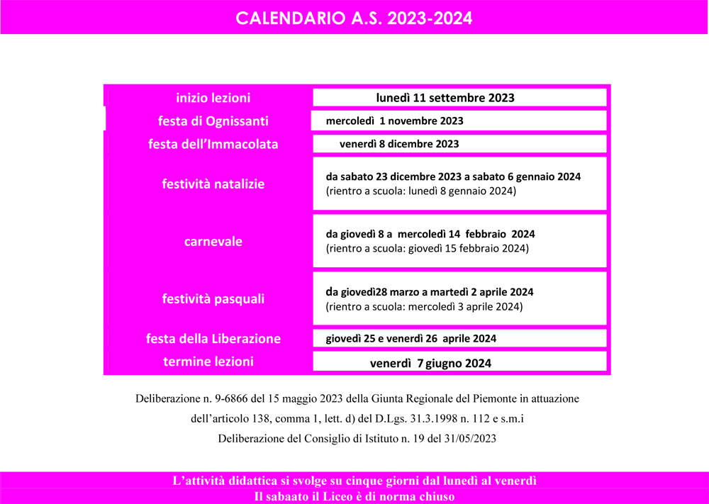 Calendario scolastico Liceo Botta 2023-24